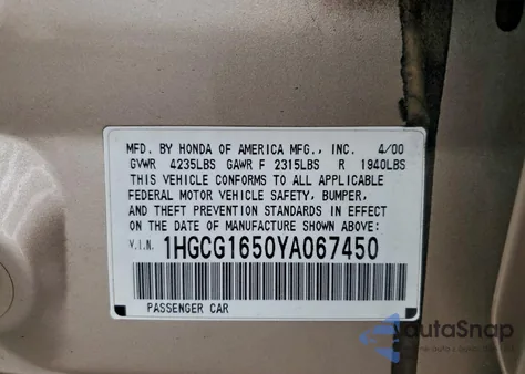 2000 Honda Accord Ex from USA, damaged, VIN 1HGCG1650YA067450